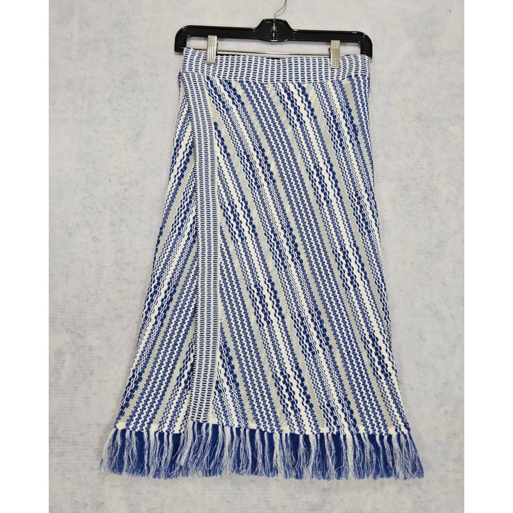 Tory Burch Skirt XS Faux Wrap Striped Fringe Midi Blue White Pull On Woven Knit